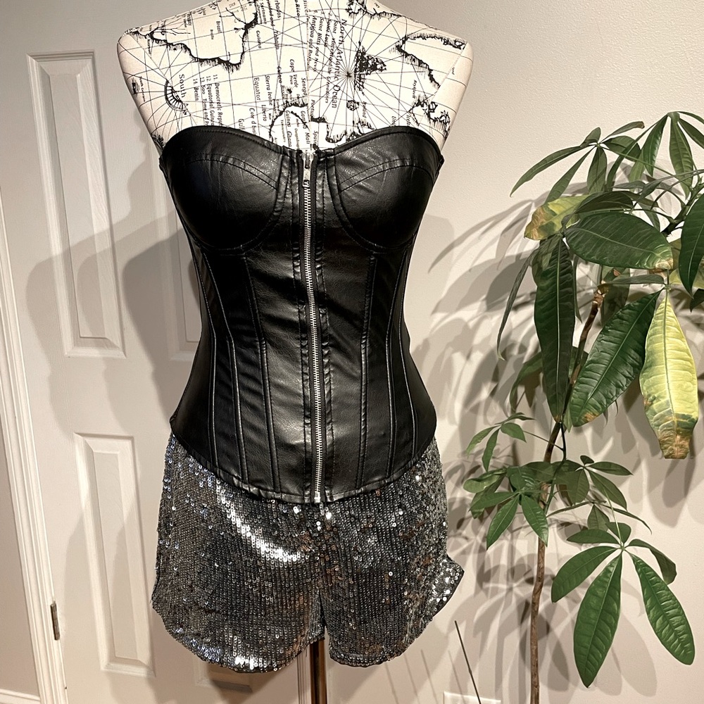 Vintage Y2k Faux Leather Corset Moto rave Rockstar Bustier Bandeau black top S